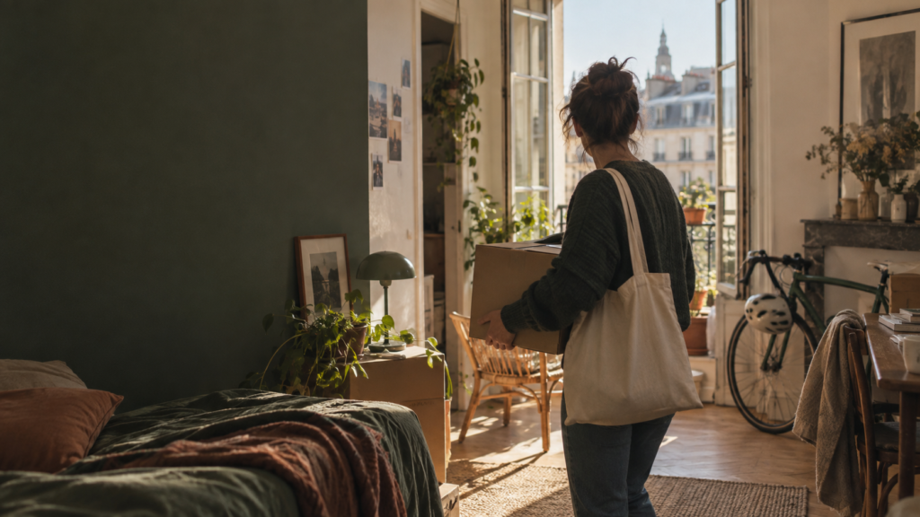 Jeune adulte arrivant dans un appartement lumineux avec un carton